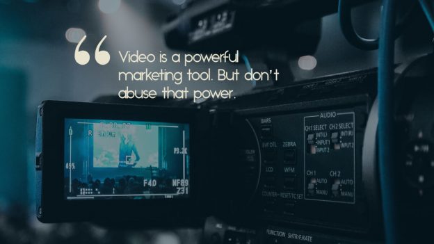 A video camera filming, with the caption, "Conventional wisdom would have us all believe that video is the greatest marketing thing since sliced bread. But we advise caution. Here's why."