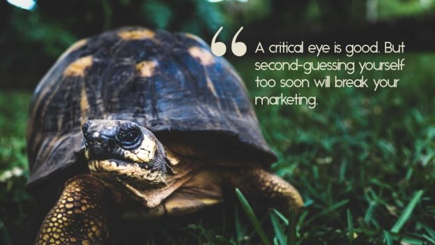 A turtle crawling in grass, with the caption, "A critical eye is good. But second-guessing yourself too soon will break your marketing."